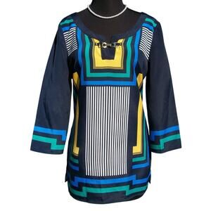 Cache Geometric Multi Print Peasant BOHO Tunic Top New Metal Buckle $128 NWT